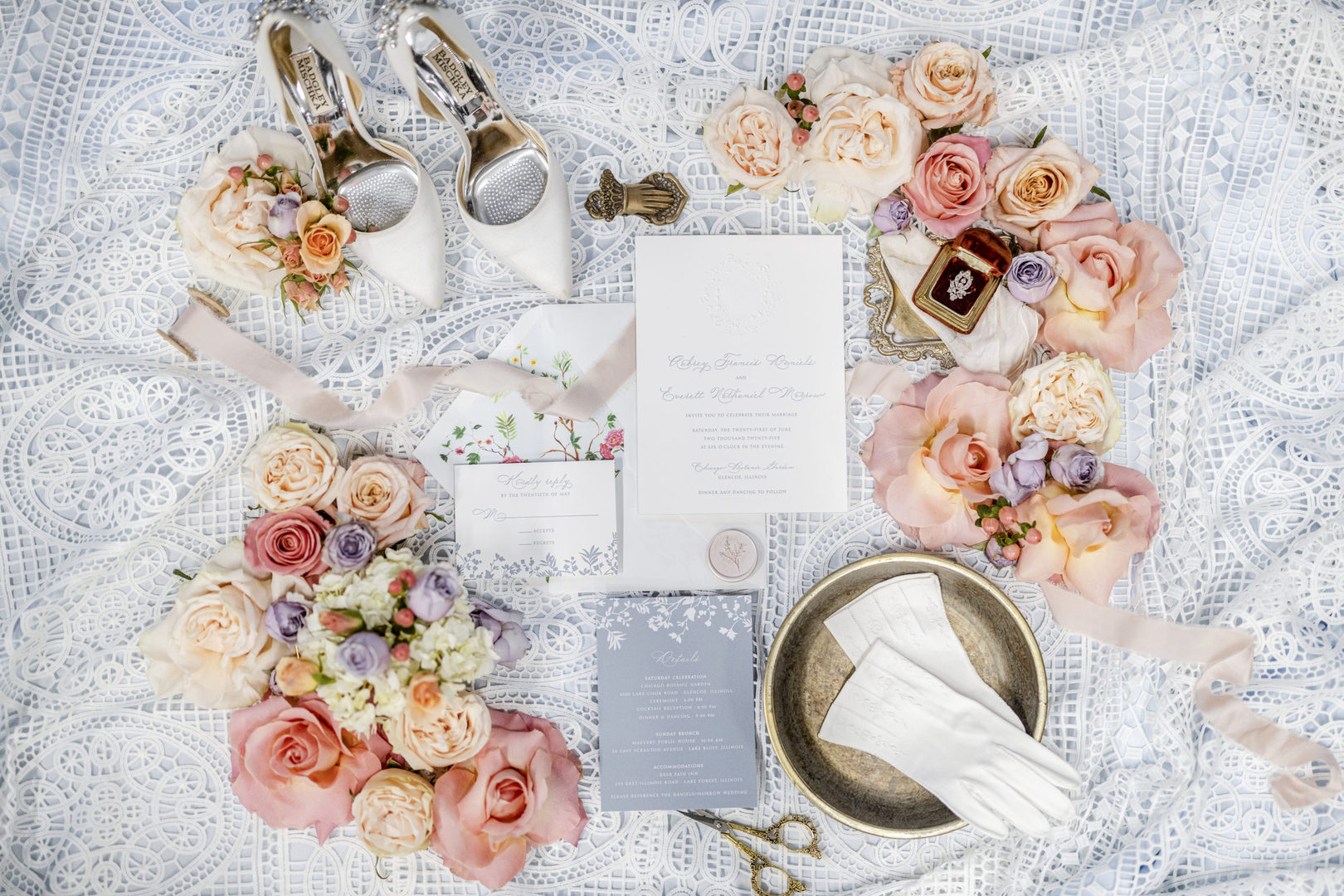 Flat lay of wedding details from Bridgerton Style Wedding