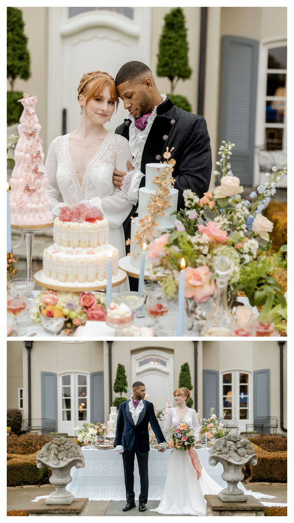 Bridgerton Style Wedding with black groom and redhead bride outside of a gorgeous mansion