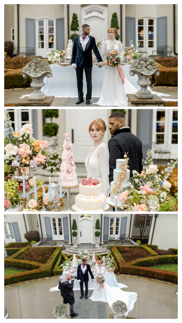 Bridgerton Style Wedding with black groom and redhead bride outside of a gorgeous mansion
