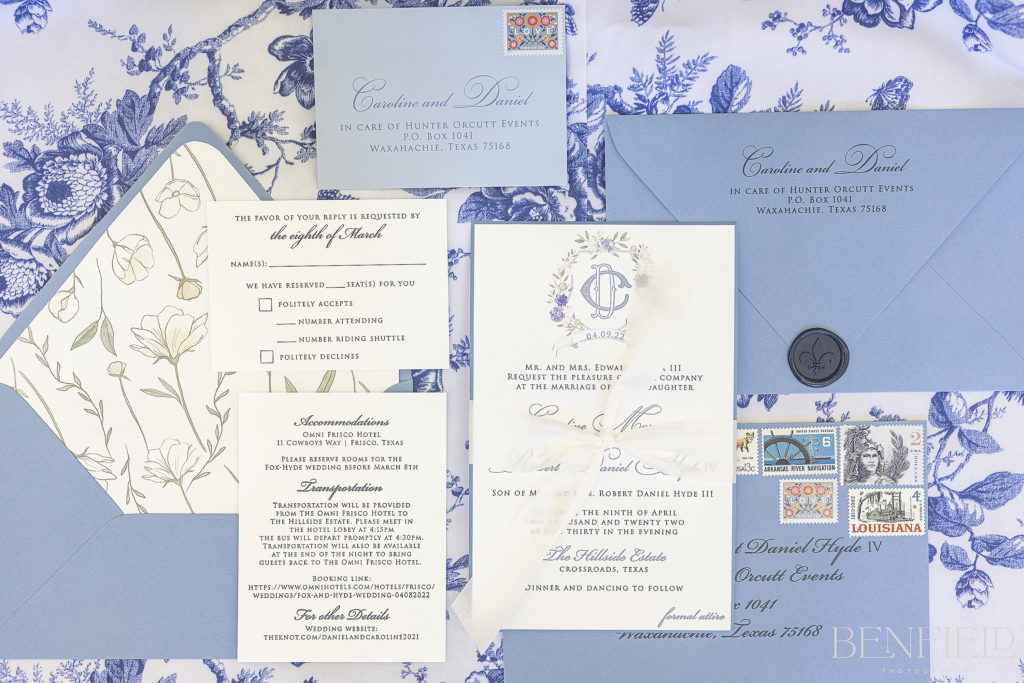 Gorgeous blue and white wedding details and paper suite for a luxury wedding at Hillside Estate in Texas