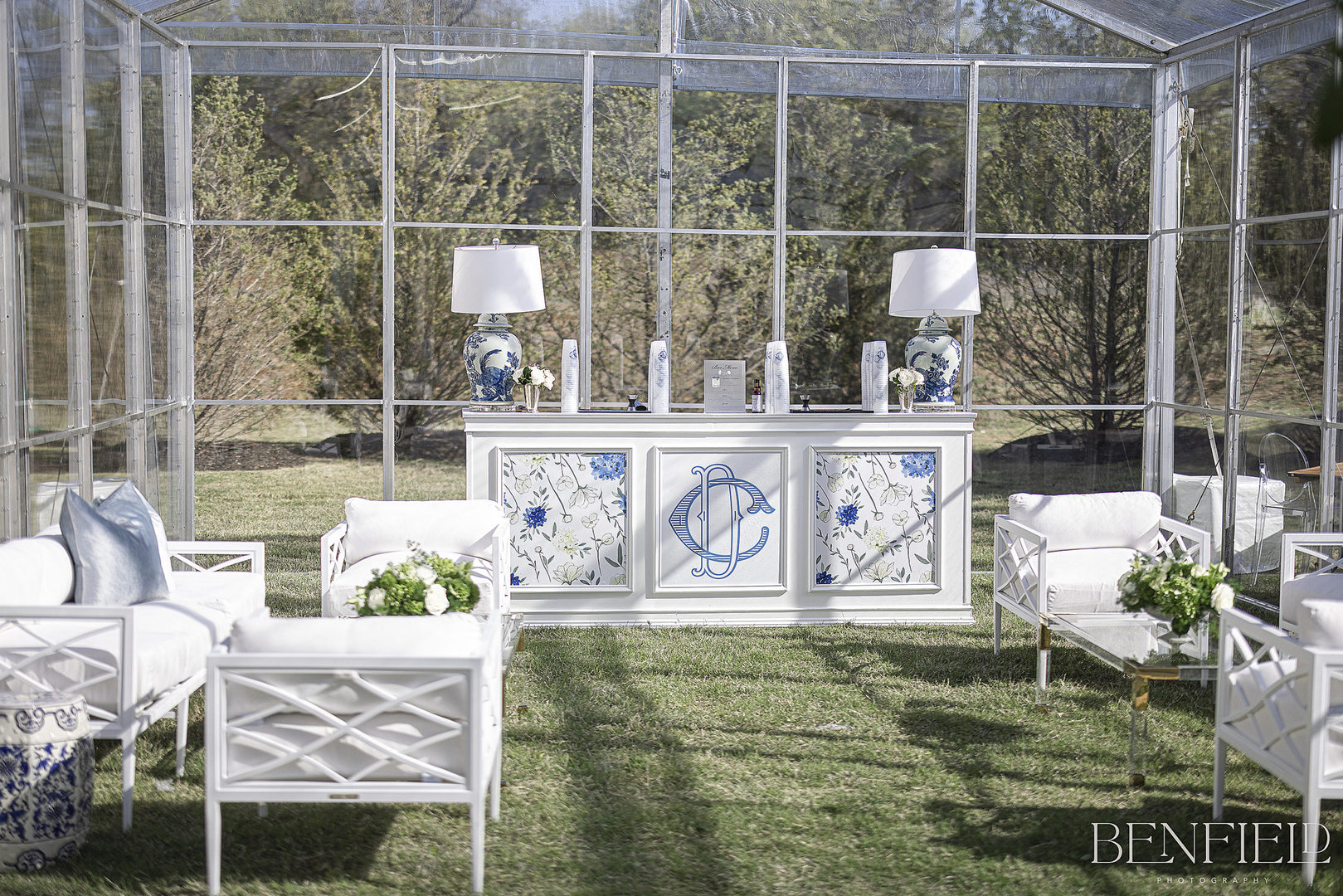 outdoor bar with custom monogram for wedding reception at Hillside Estate