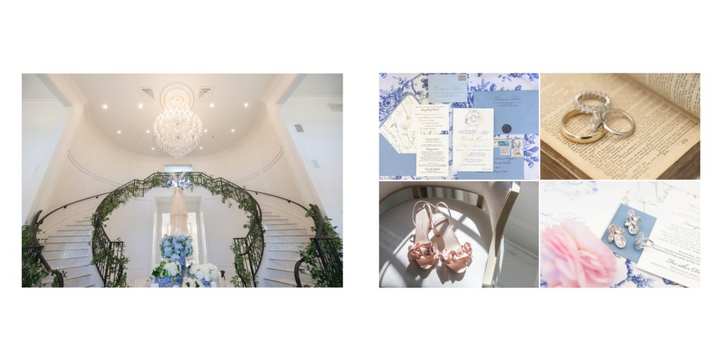 handcrafted wedding album spread of a luxury wedding at The Hillside Estate in Cross Roads TX