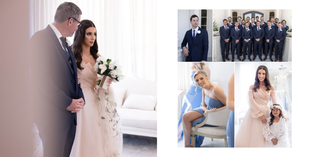 handcrafted wedding album spread of a luxury wedding at The Hillside Estate in Cross Roads TX