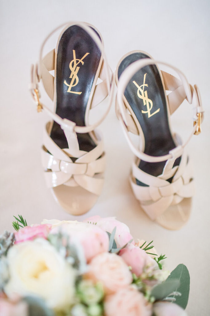 YSL wedding shoes with bouquet for a luxury wedding