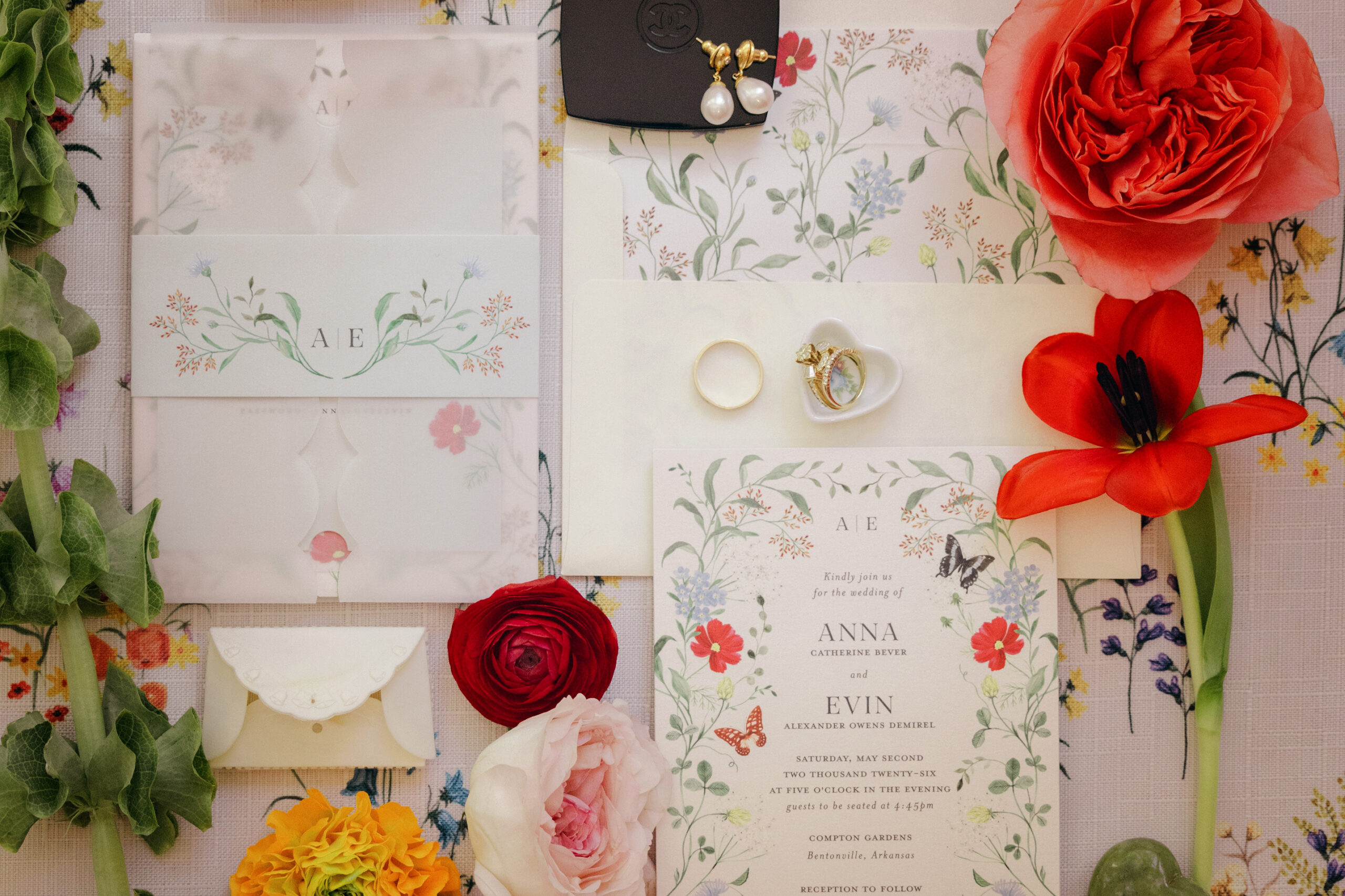 Compton Gardens wedding invitation suite with floral design and butterfly details in Bentonville Arkansas