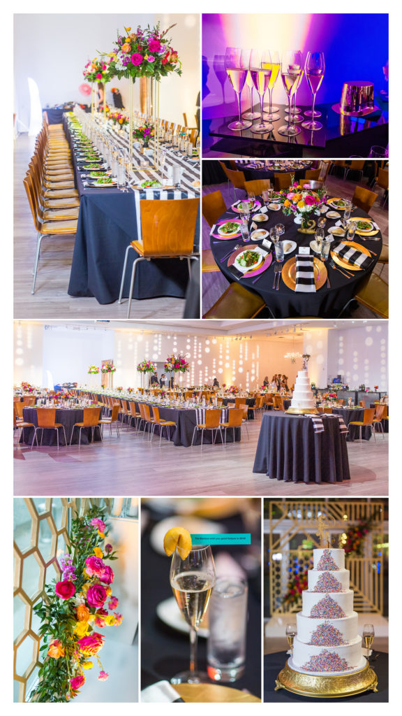 A collection of images from the Event Gallery space in the power and light district. High end wedding details, luxury centerpieces and a unique cake idea with sprinkles cascading.