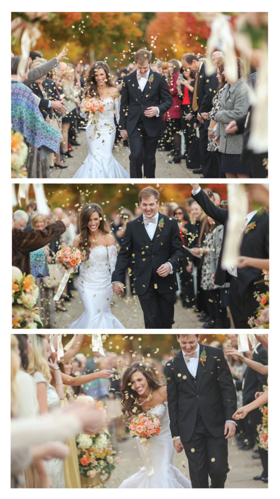 gold confetti exit for the bride and groom after their fall wedding ceremony at Old Main lawn