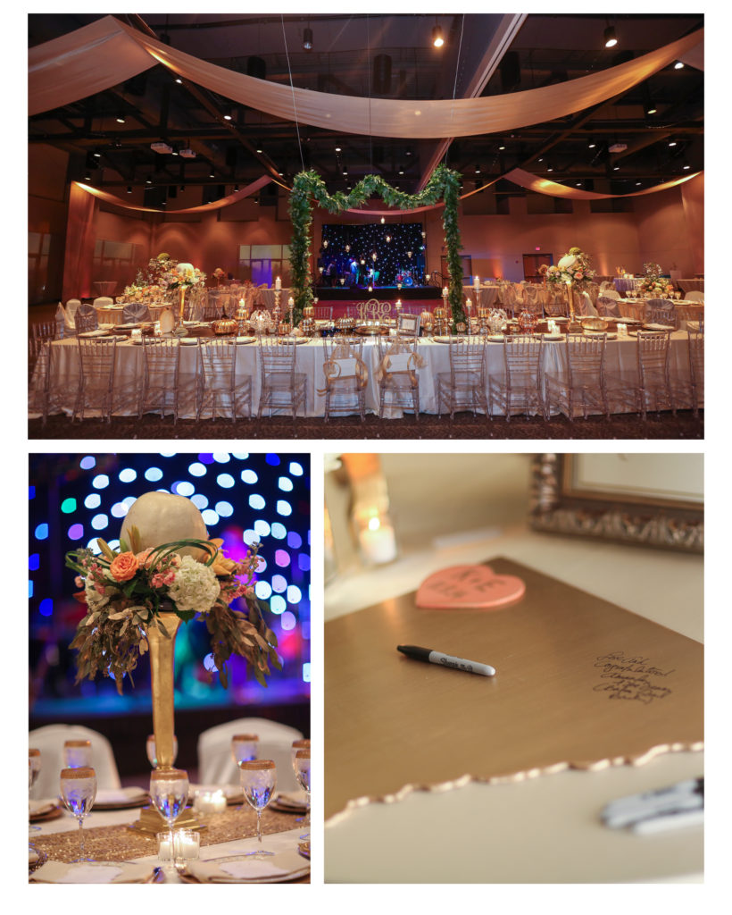 The Fayetteville Town Center Reception was a gorgeous fall wonderland with gold elements and pumpkins everywhere.