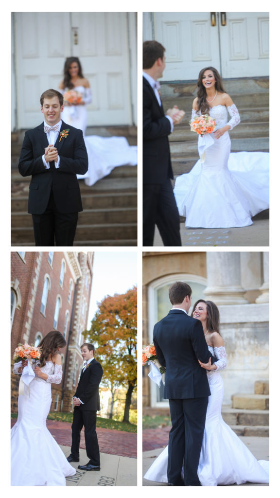 Bride's First look at Old Main for a Fall Wedding