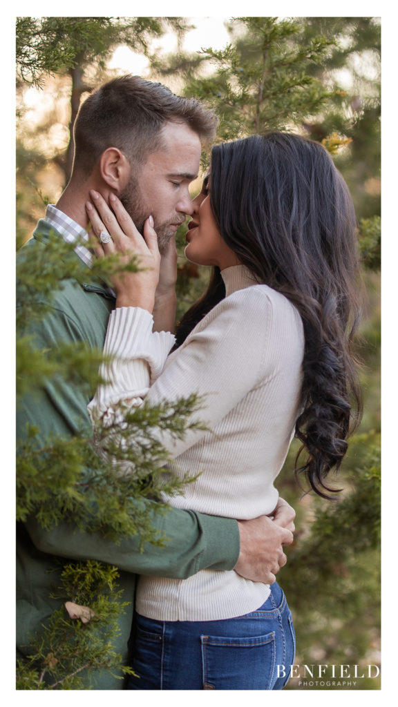 couple kissing in an evergreen christmas tree