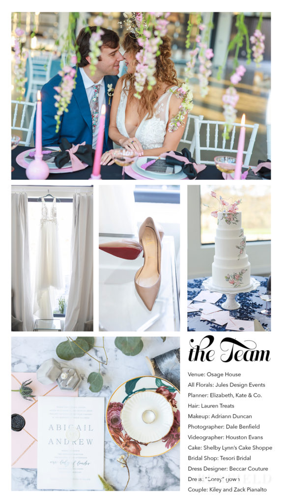 Osage House Wedding Detail Collage of dress, shoes, cake, invitation, and elevated centerpiece