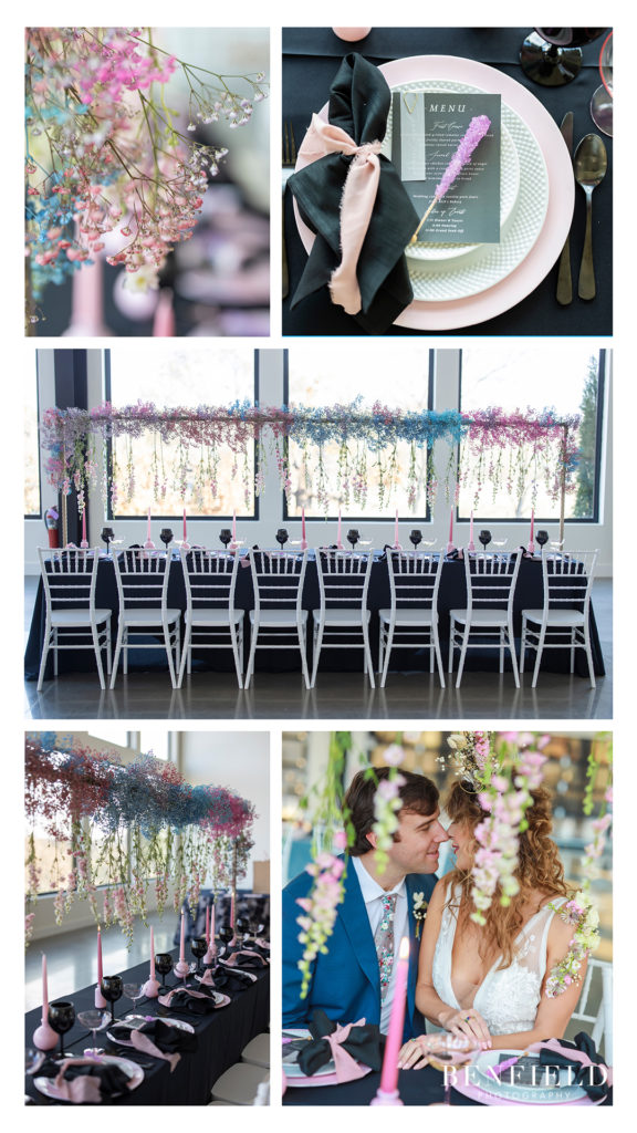 colorful elevated centerpiece with hanging flowers