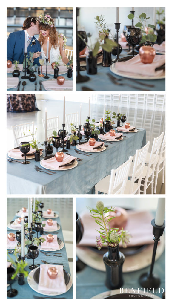 modern wedding table setting with black goblets and rose gold apples