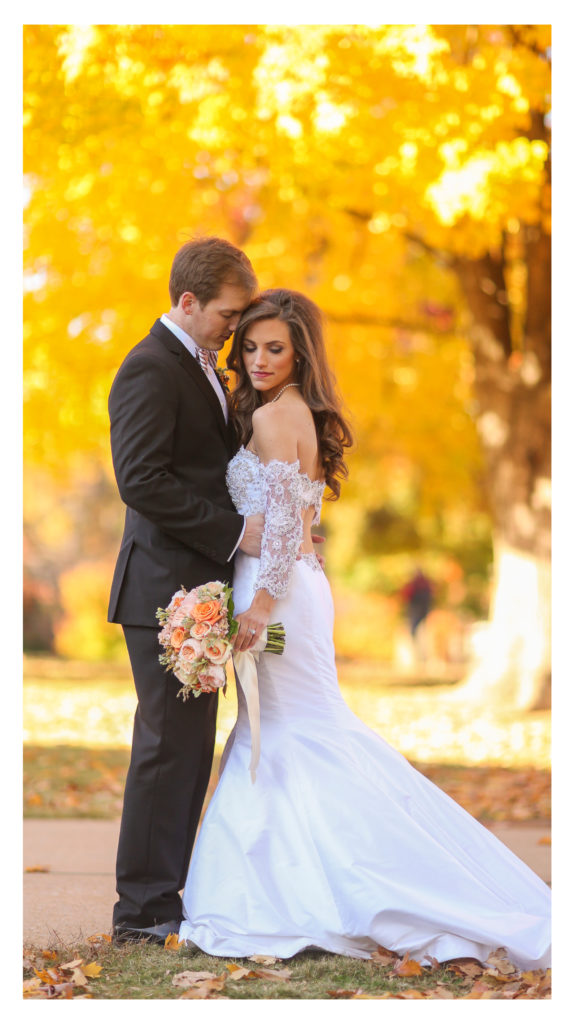 Fall wedding portrait in front of Old Main
