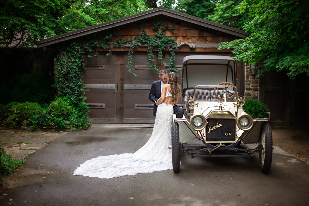Wedding at St Catherine's Chapel at Bell Gable with vintage getaway car.