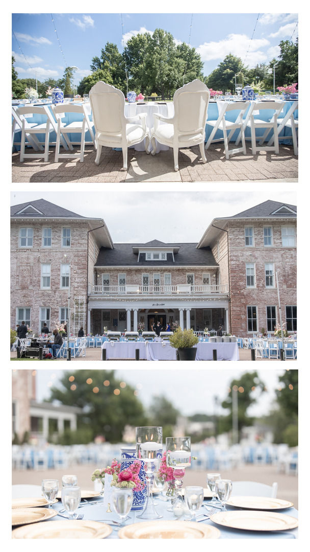 outdoor wedding reception at Carnall Hall details