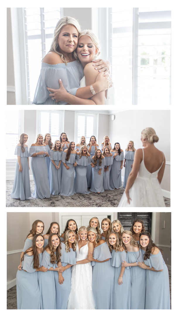 first look with bridesmaids and bride inside Carnall Hall