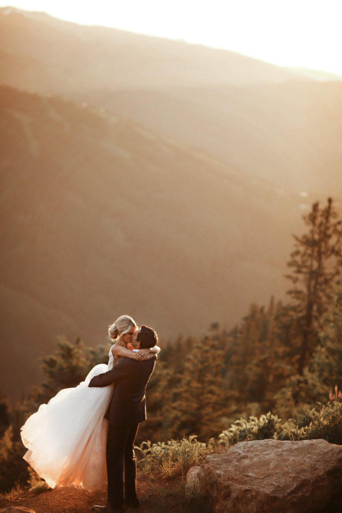 Aspen Mountain Wedding portraits of couple at sunset