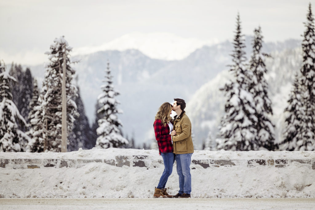 Seattle engagement photos at Mount Rainier, where the groom is kissing the bride's forehead