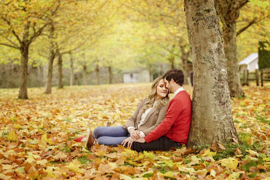 Seattle engagement photo during the fall, with the bride and groom sitting on the ground snuggling.
