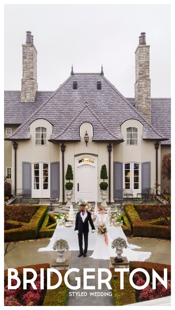 bridgerton wedding inspired by netflix. bride and groom outside a mansion