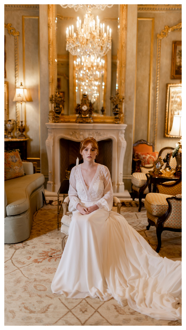 Formal bridal wedding portrait of red-headed bride indoors at an ornate mansion inspired by Bridgerton on Netflix