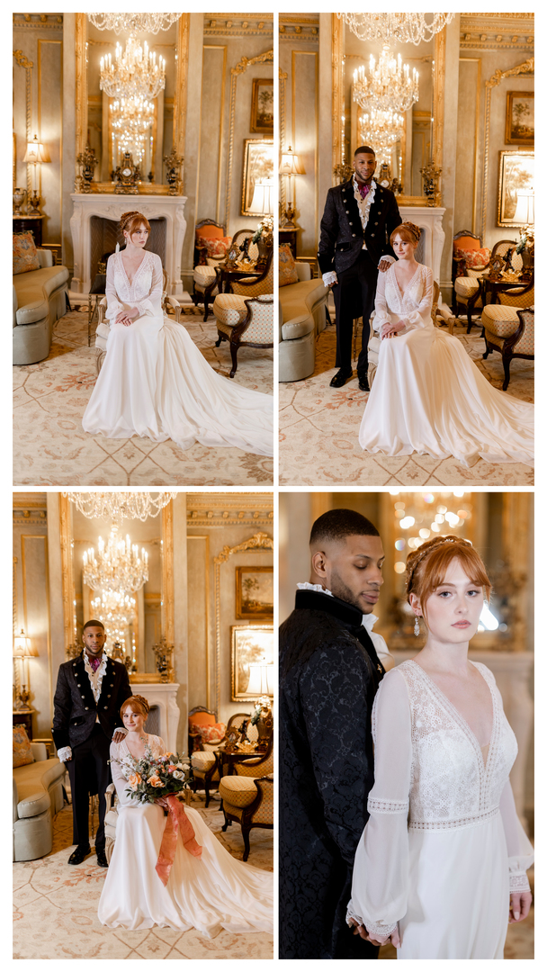 Formal wedding portrait of black groom and red-headed bride indoors at an ornate mansion inspired by Bridgerton on Netflix