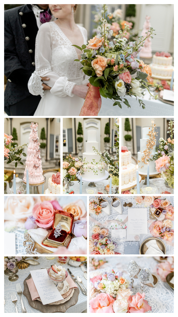 Wedding details collage of dreamy wedding florals inspired by Bridgerton on Netflix