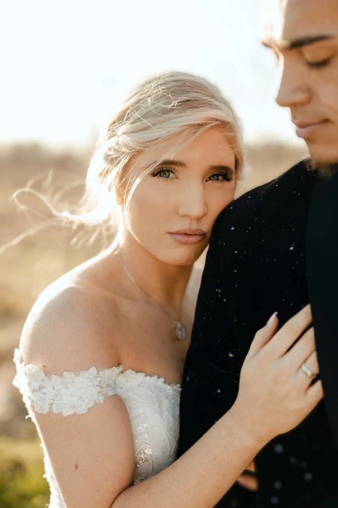 wedding portrait of bride and groom outside of the Ballroom at I Street in Bentonville