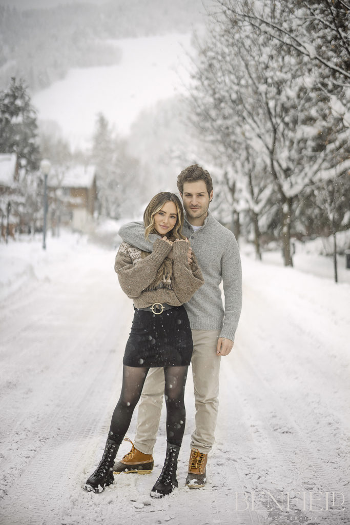Snowy engagement photos in Aspen of Amanda Stanton and Michael Fogel. We stood in the middle of the road and got in trouble by the police. Worth it though.
