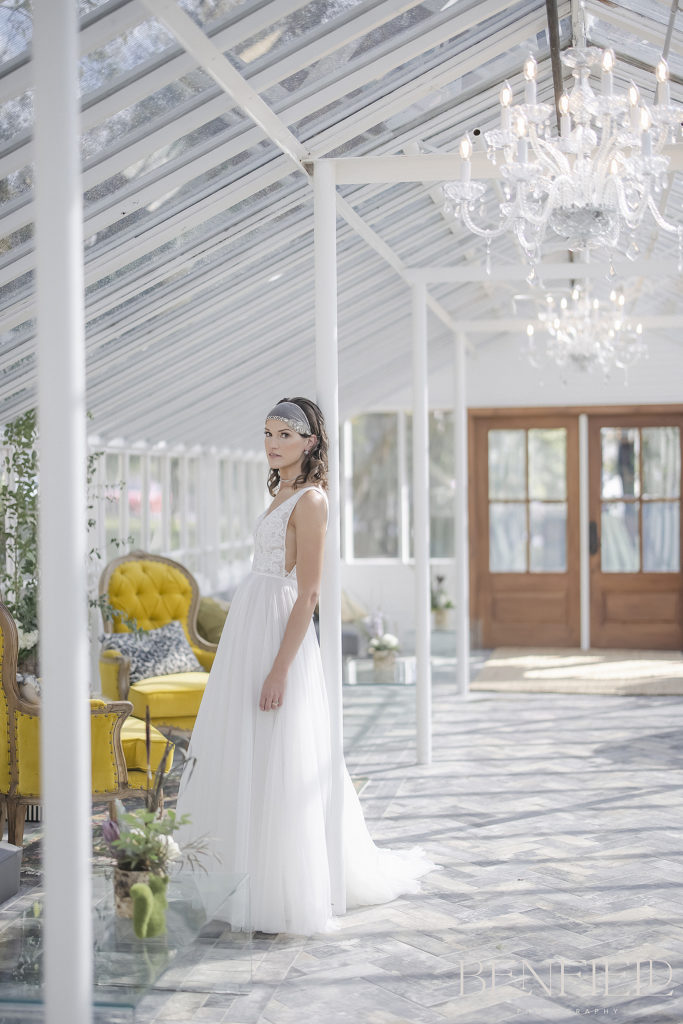 Bright and Airy Bridal Portraits of art deco bride in a greenhouse