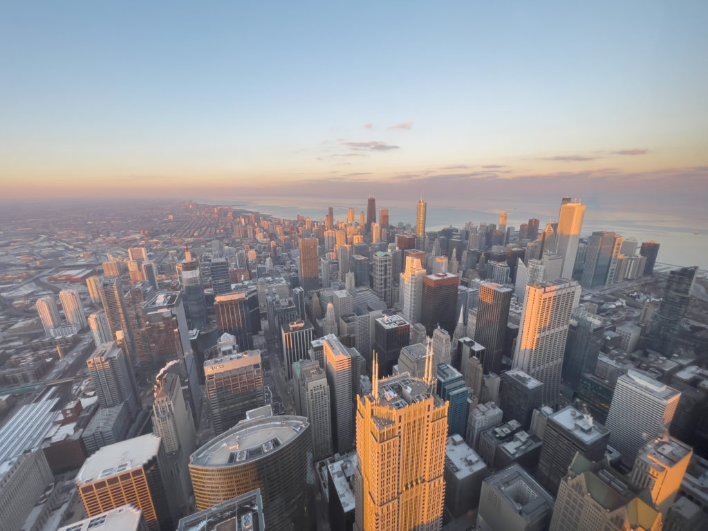 downtown chicago at sunset from the willis tower