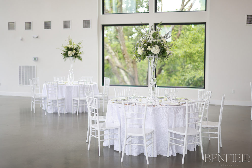 Overview of the all-white reception venue in Arkansas at the Osage Reception Hall available for Weddings at Osage House