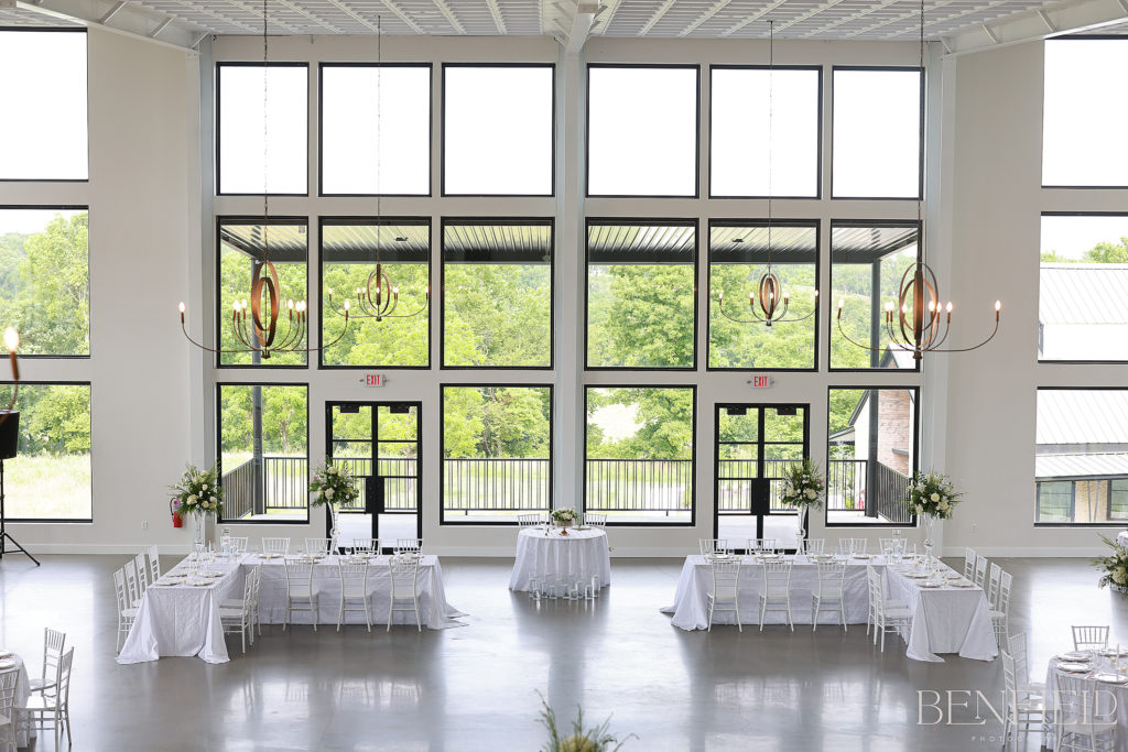 Osage House Wedding Details for a modern wedding, showing an overview shot of the reception hall