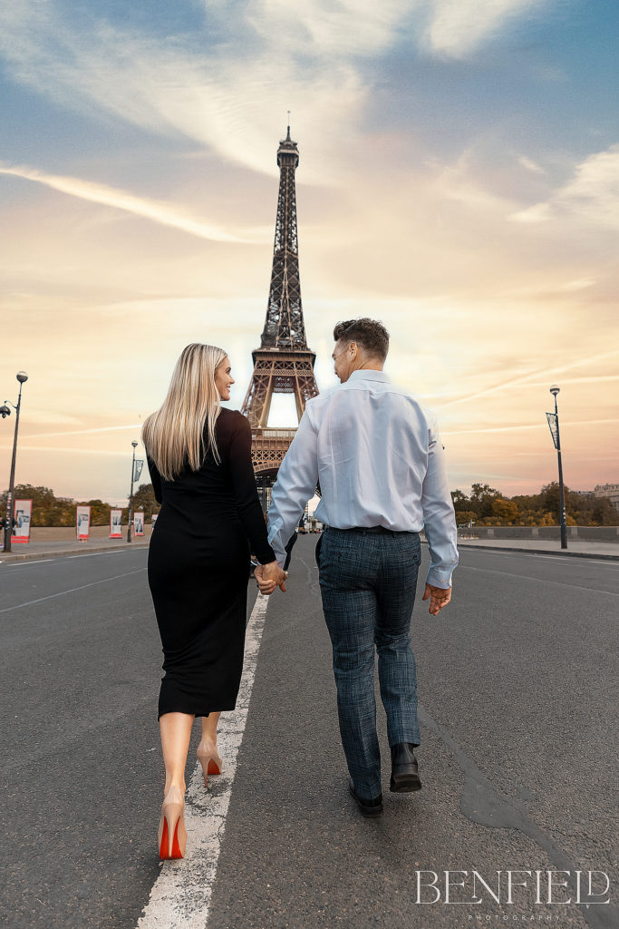 American couple hired their wedding photographer to shoot their 10-year-anniversary portraits in Paris France near the Eiffel Tower.
