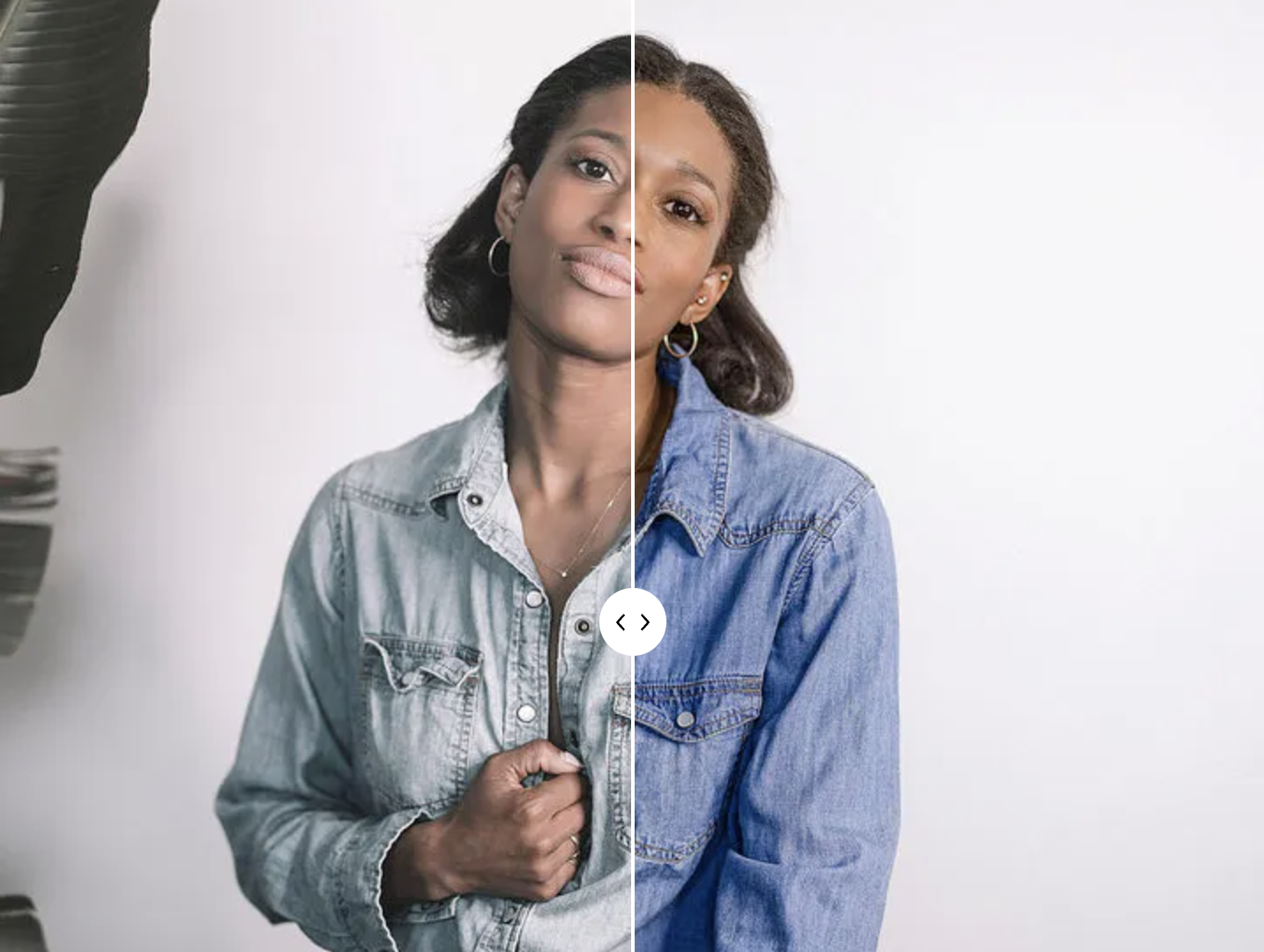 Editing before and after image of sexy black model wearing no bra and denim shirt