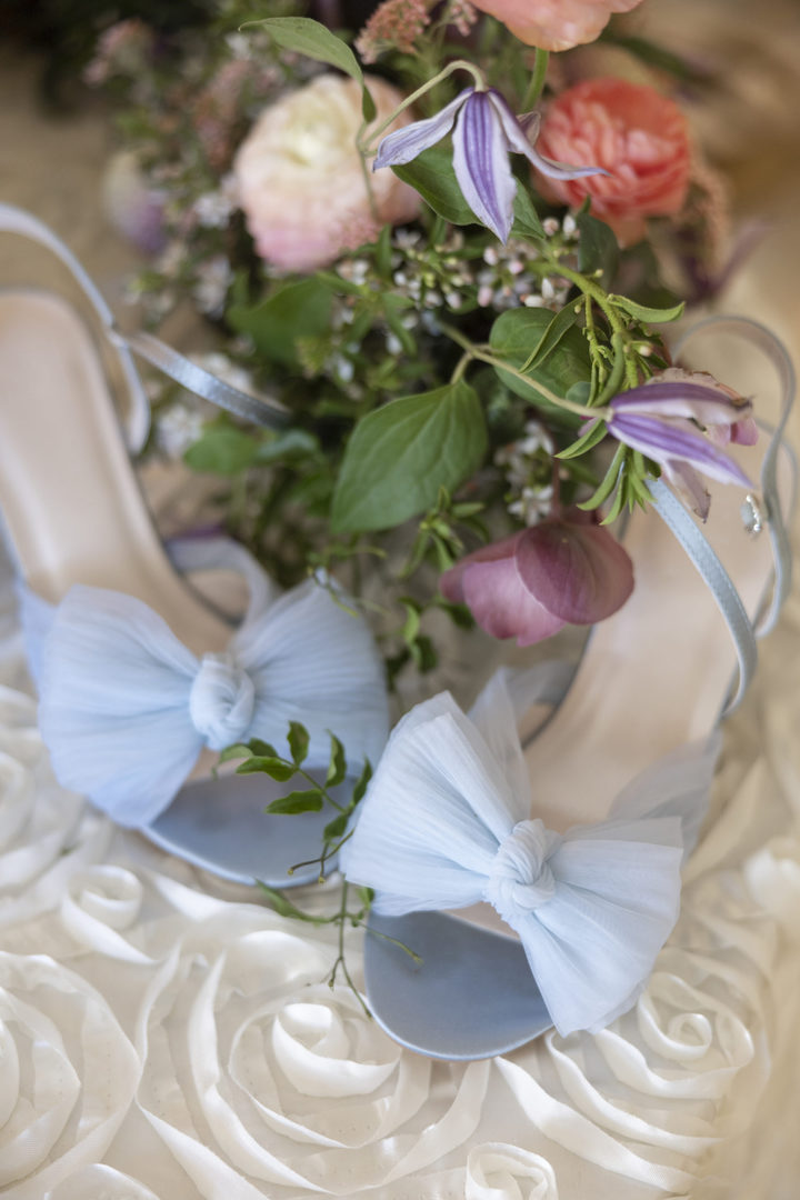 Light blue wedding shoes with tulle bow was perfect for this Vintage Court Wedding 