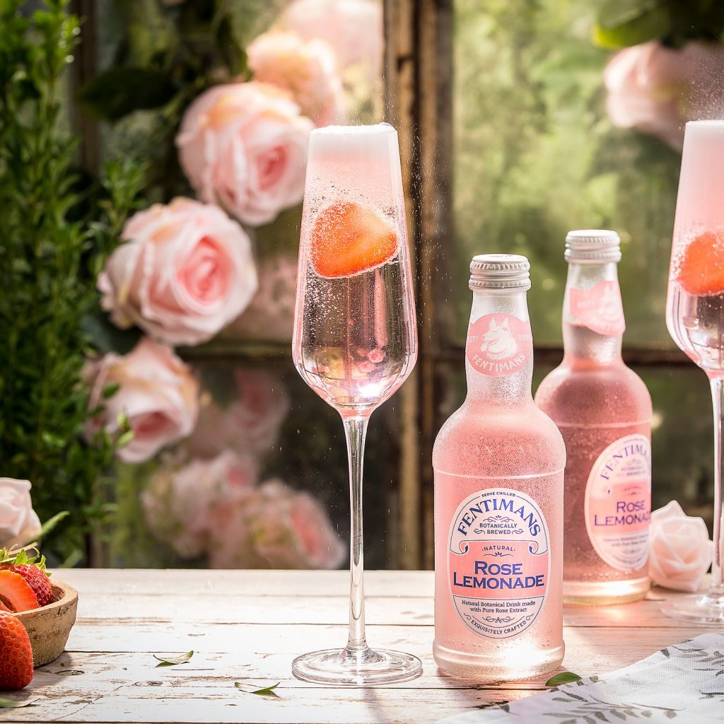 100 Days Alcohol-Free Mocktail Fentimans Rose Lemonade is a beautiful blush pink drink that looks like a sparkling rose and can be served in a champagne flute. 