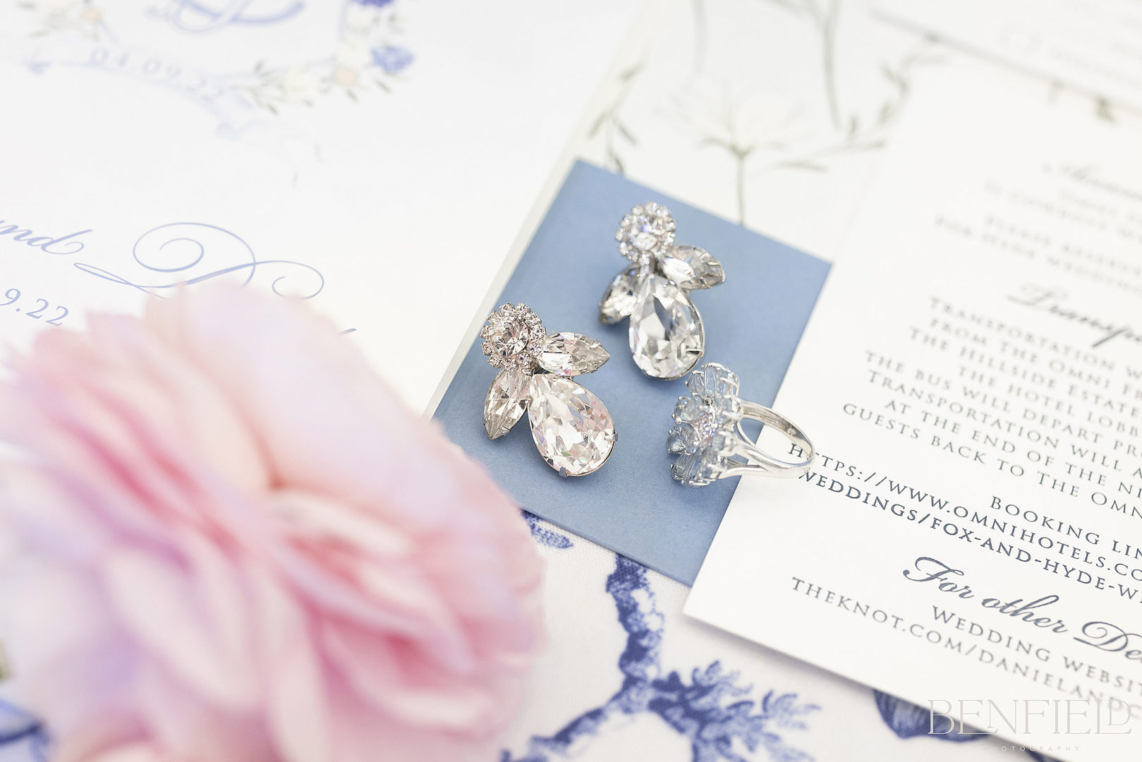 luxury wedding photography with blue and white wedding details of a high end flat lay