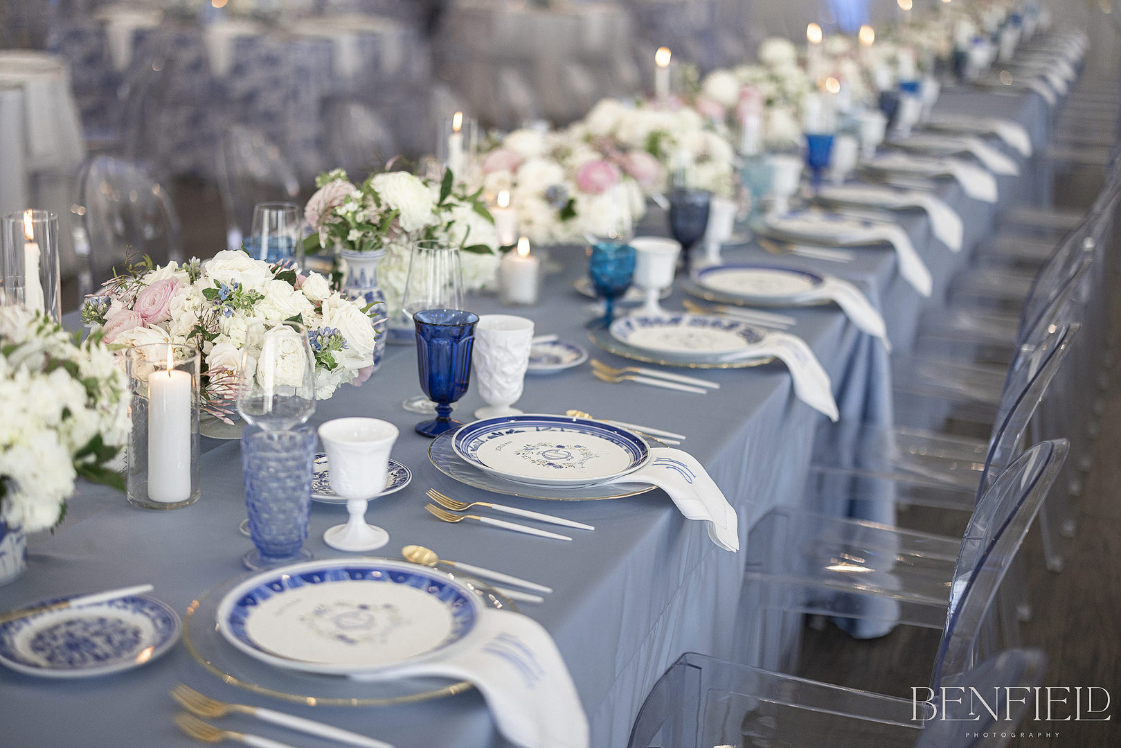 luxury wedding photography with blue and white wedding details of a high end reception