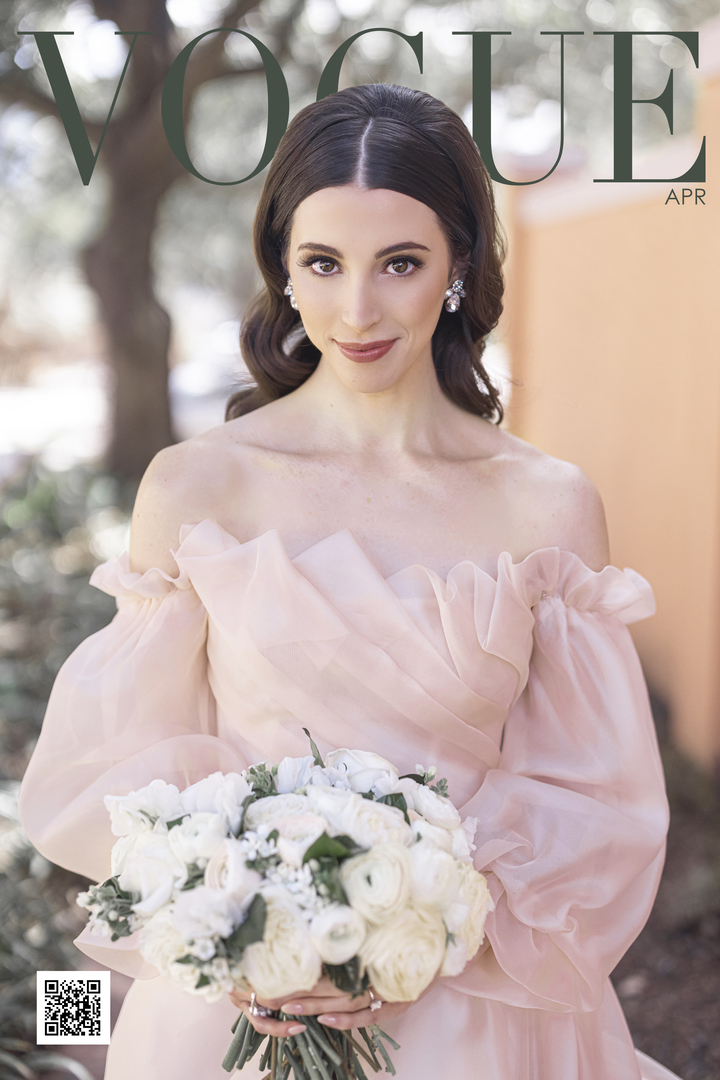 Southern bride on the cover of Vogue magazine in a blush wedding dress from Monique Lhuillier