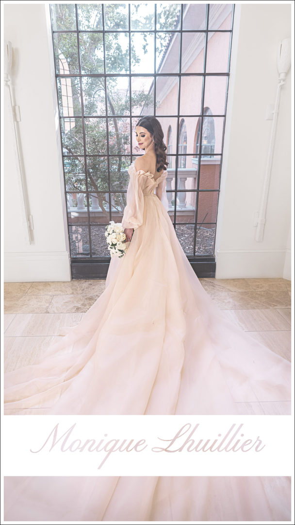 Vogue Bridal Photographer shoots stunning brunette bride in blush pink wedding dress from Monique Lhuillier at Rosewood Mansion at Turtle Creek