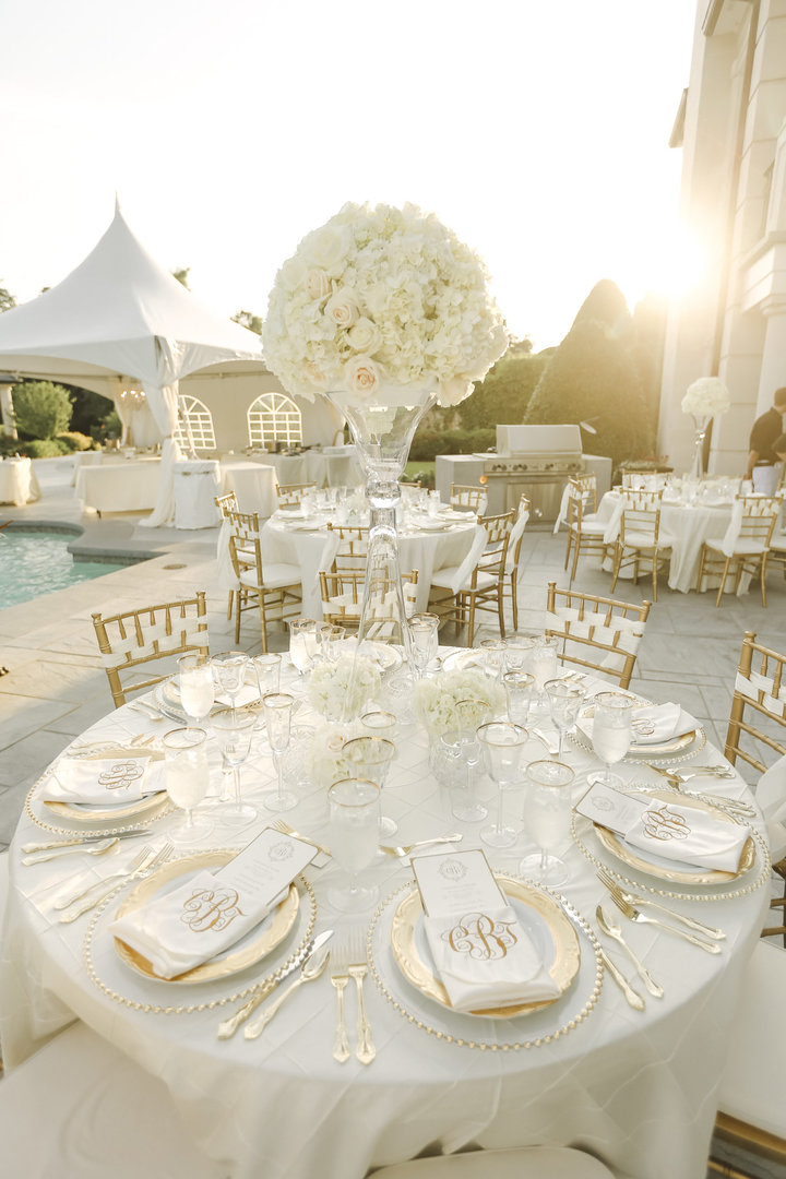 luxury wedding photography of large table centerpieces at private estate wedding
