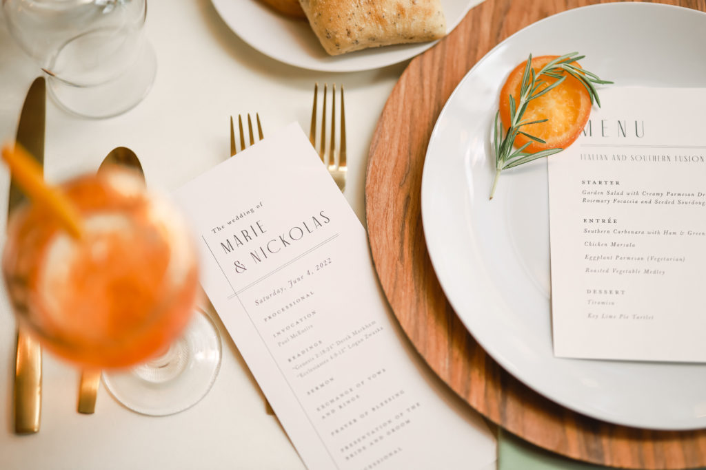 Wedding Same Day Teasers of a menu, aperol spritz, and a food menu from a wedding reception