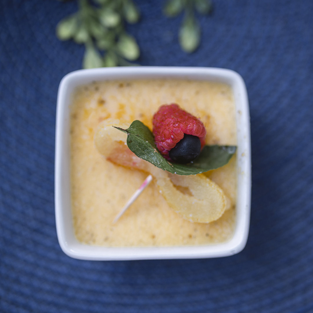 Creme Brulee Recipe with Candied Lemon Peel and fresh berries