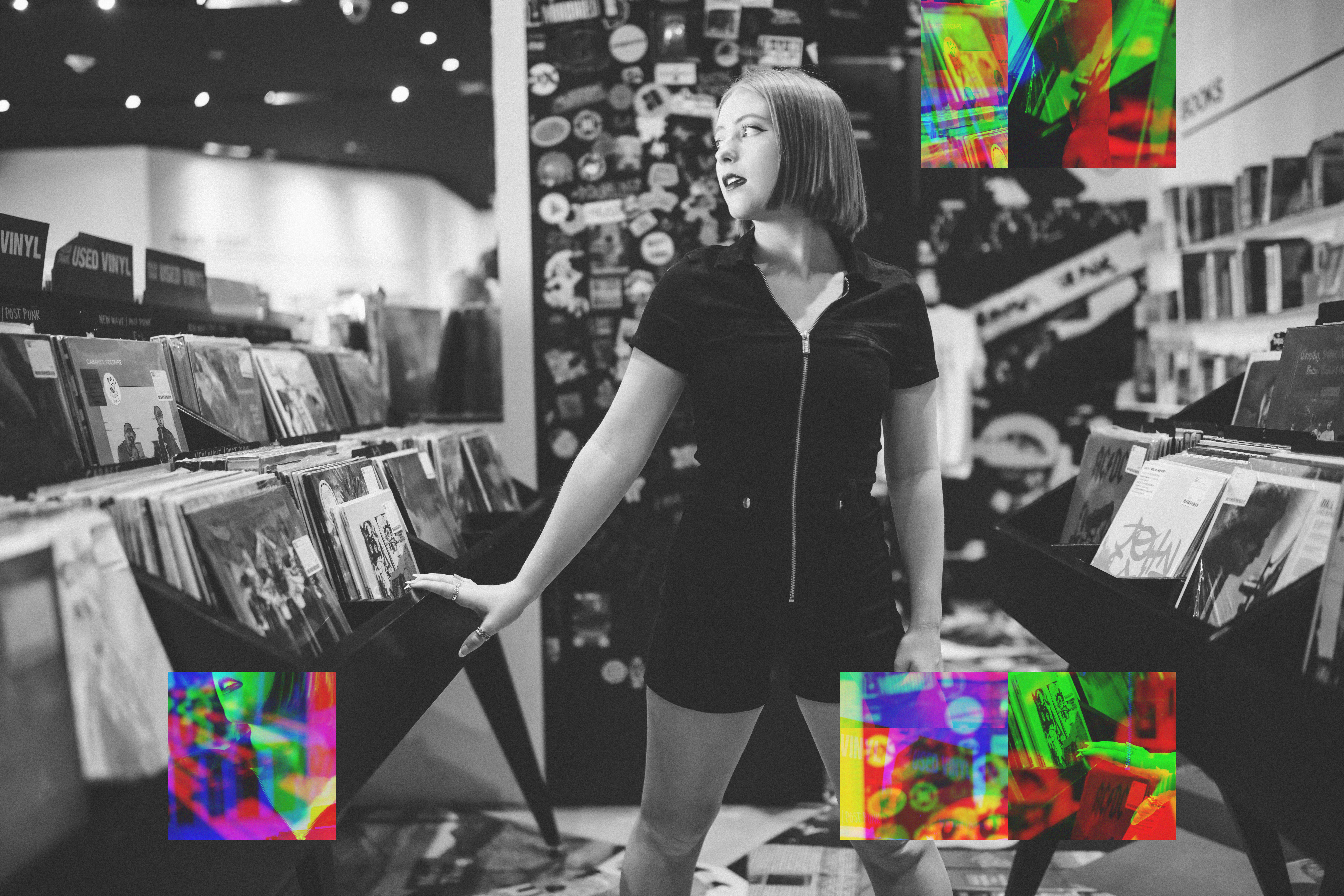 artsy senior pictures in a vinyl store for our redhead senior surrounded by old records