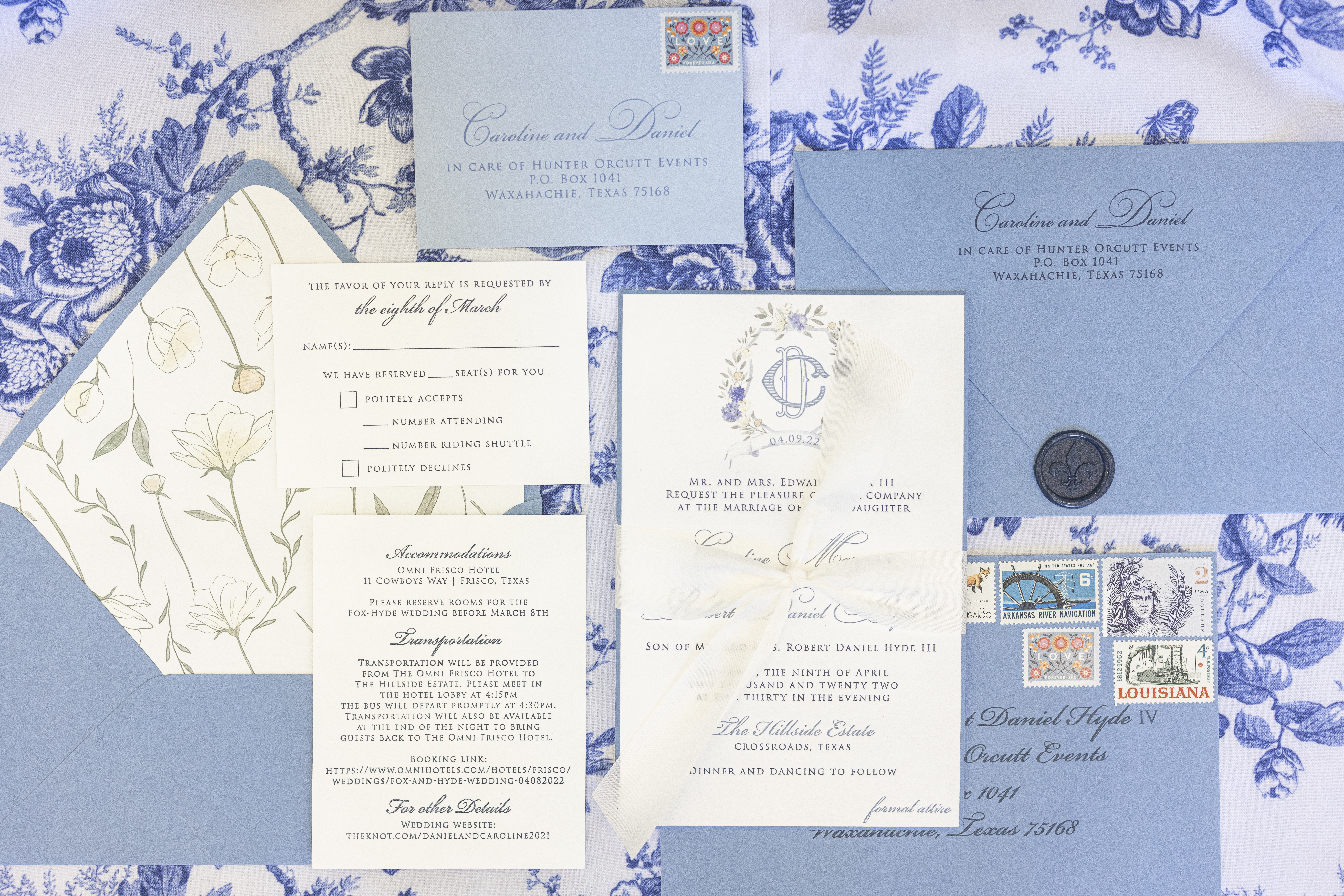 best wedding flatlay of 2022 includes gorgeous blue toile
