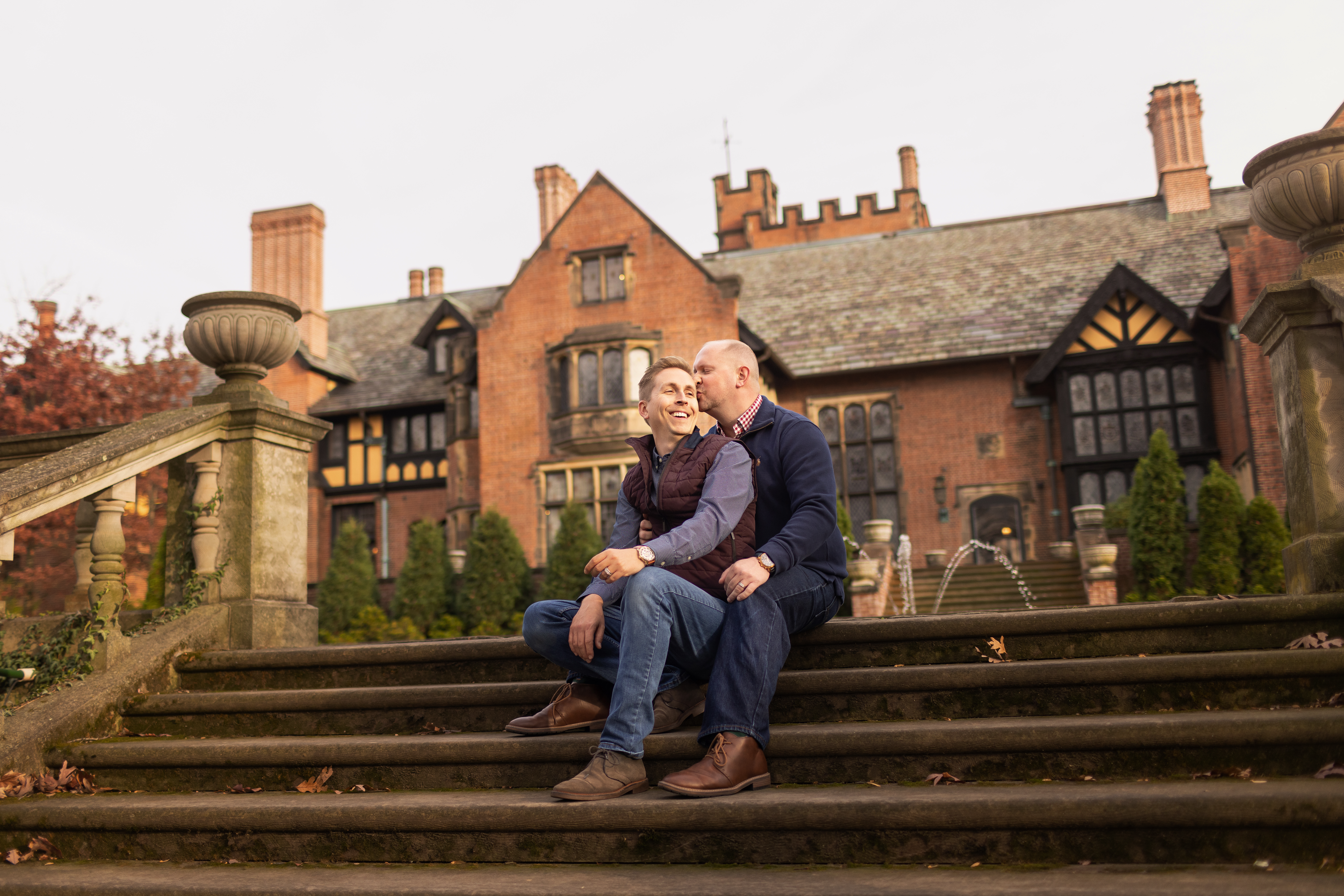 best engagement photo portrait of 2022 featuring a same sex gay male couple at Stan Hywet by luxury wedding photographer Dale Benfield