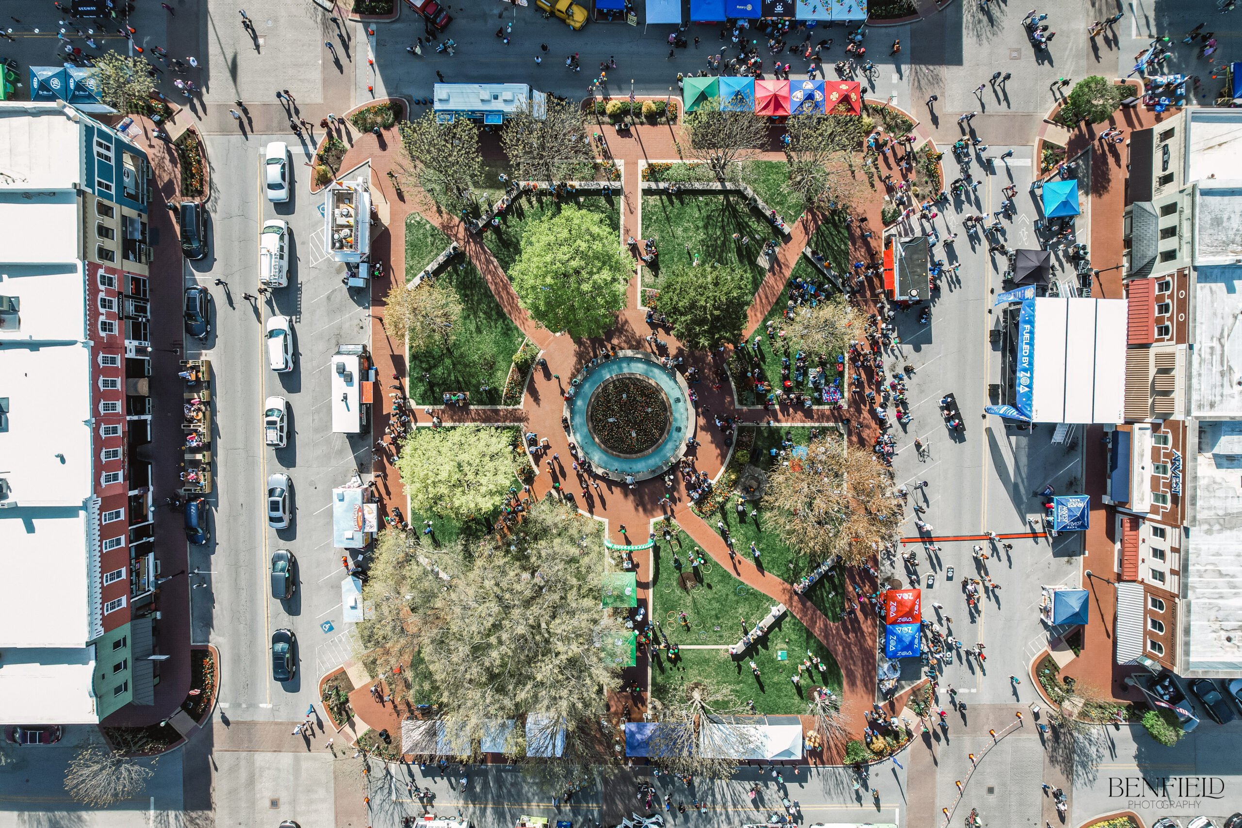 Downtown Bentonville first friday on the bentonville square from above using a drone to get an aerial shot.